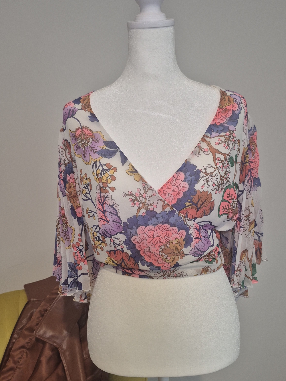 Express Floral Wrap Crop Top - Cream, Pink & Purple